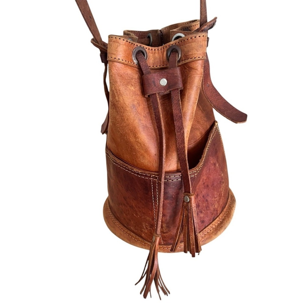 Vintage Genuine Leather Bucket Bag Distressed Leather Drawstring Front Pockets - Picture 2 of 16